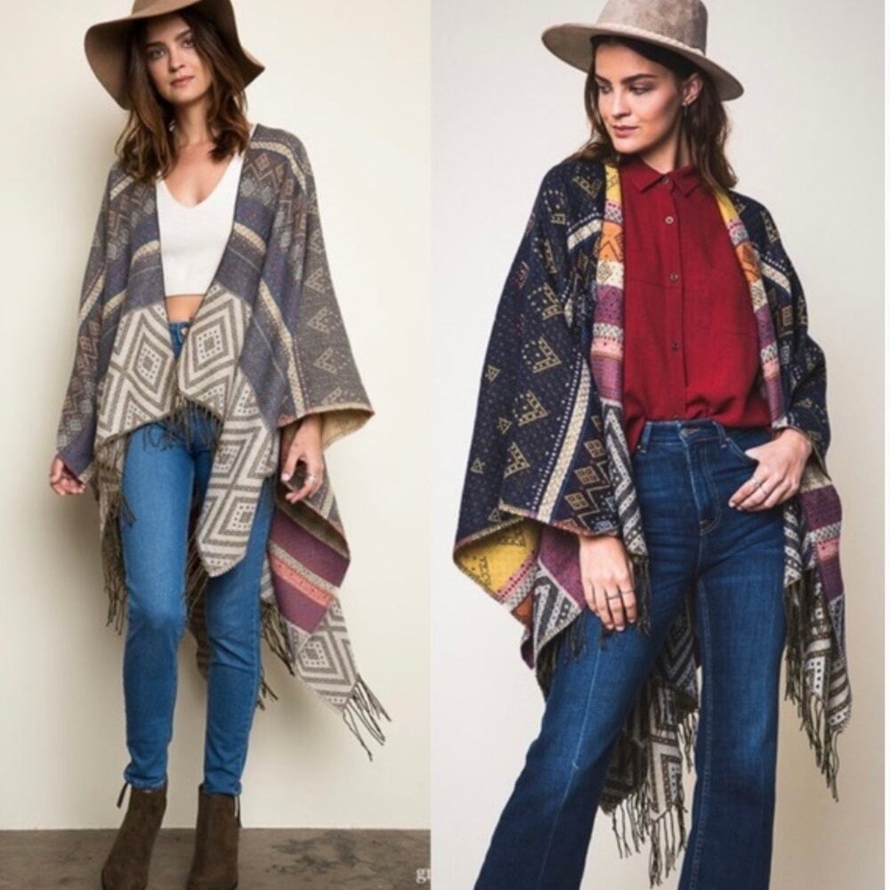 Sisters Reversible Shawl poncho Fringed Boho Tribal One Size